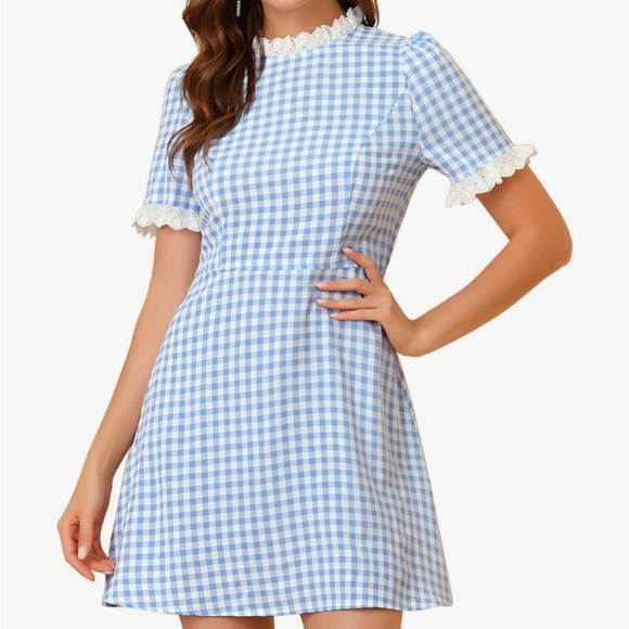 Allegra K Dresses & Skirts - Cottagcore Gingnam Dress A-Line Mini Dress Peter Pan Collar High Neck Lace XL